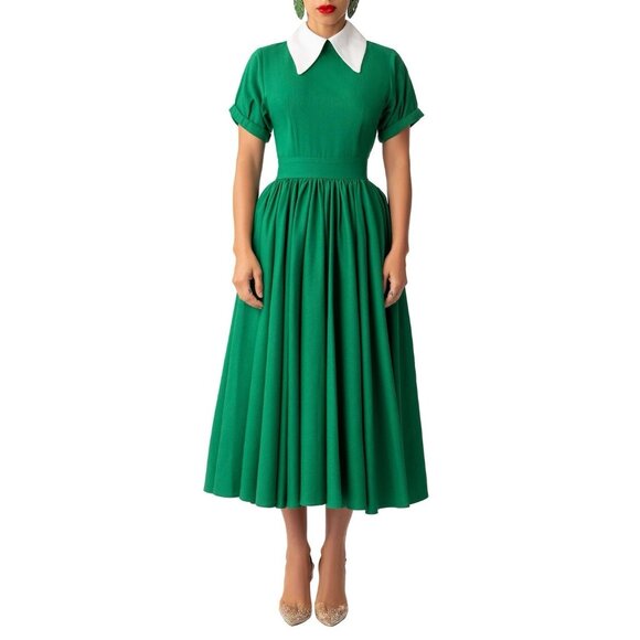 FKSP "Brigitta" Green Pointed Collar Swing Dress‎ Size XXS 1940’s - Picture 3 of 5